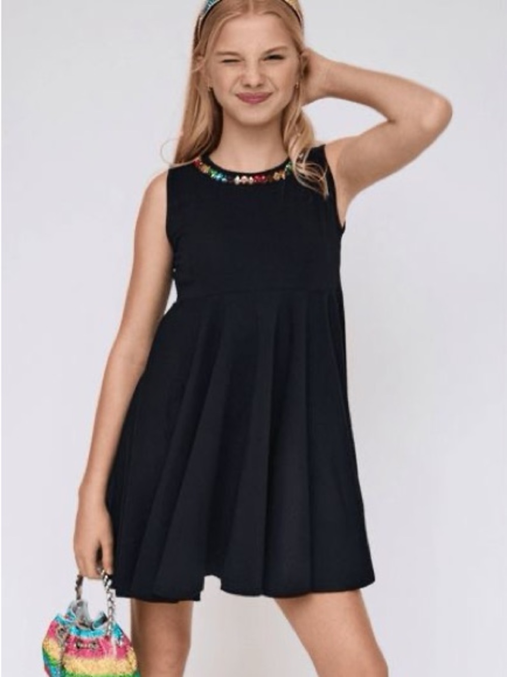 Lola and the Boys Black Rainbow Gem Sleeveless Jewel-Neck Swing Dress 10